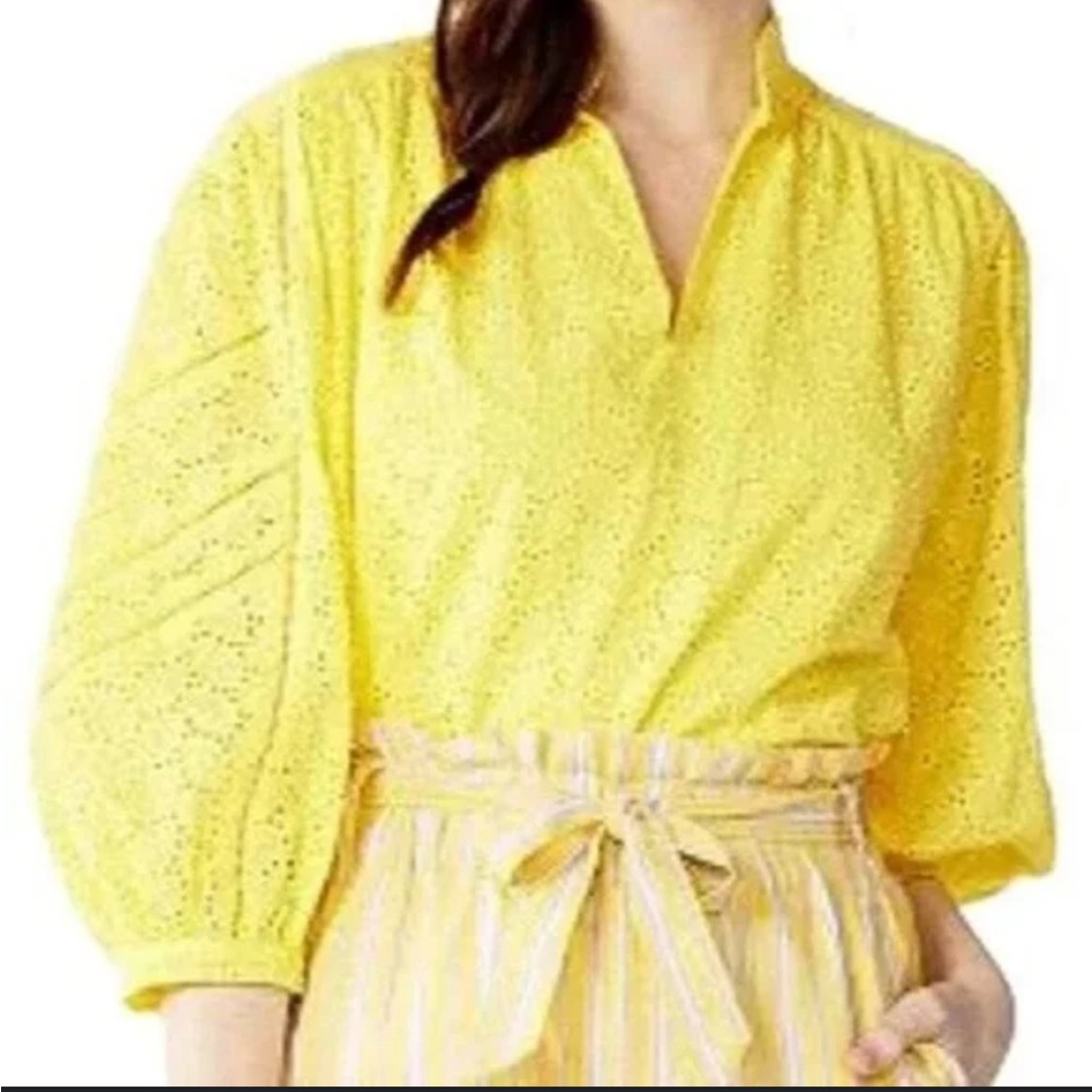 Draper James RSVP Medium Lemon Yellow Embroidered Eyelet Ballon Sleeve Blouse